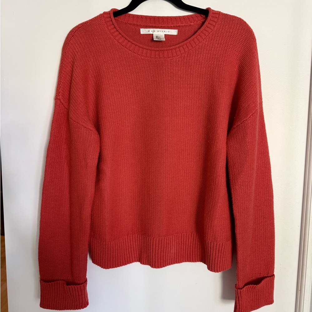 Max Studio Reddish-Orange Crew Neck Sweater with Cuffed Sleeves